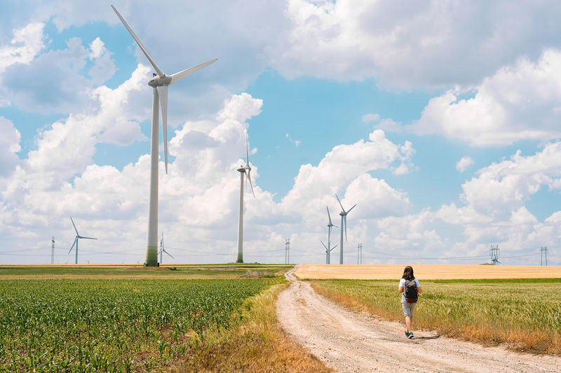 Man walking by wind turbine park in summer