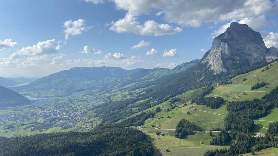 Scenic view of landscape and mountains against sky