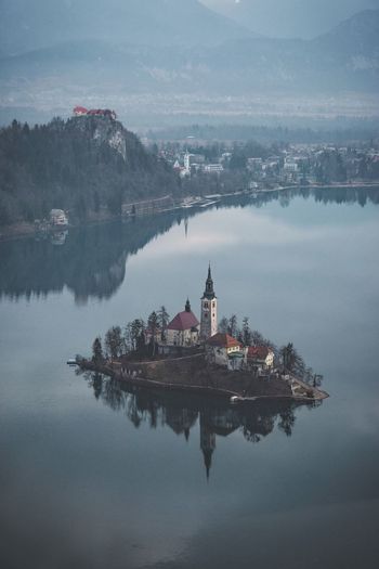 Elevated scenic view of lake bled