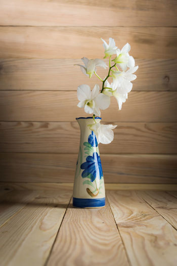 Close-up of white flowers on wooden table