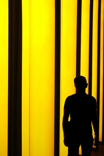 Rear view of silhouette man standing against yellow wall