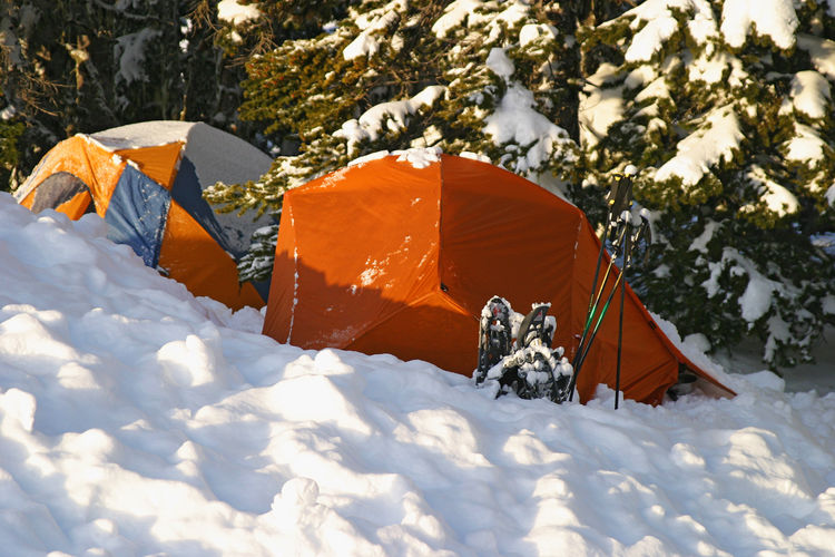 A campground site in the snow with a tent partially covered by snow from the night before.
