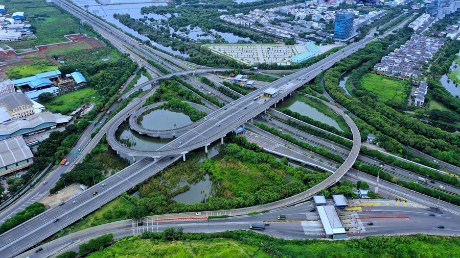 High angle view of highway and cityscape