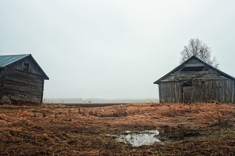 Two old barn houses on the rainy fields