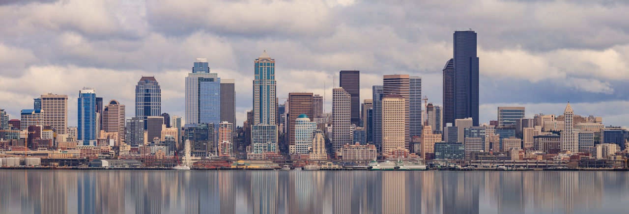 Panoramic view of modern buildings against sky in city