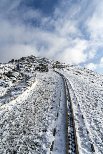 The railway line leading to snowdon summit in snow  snowdonia national park in north wales, uk
