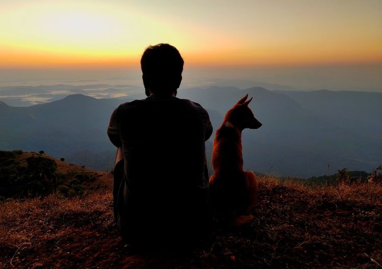 Rear view of man sitting on mountain against sky during sunset
