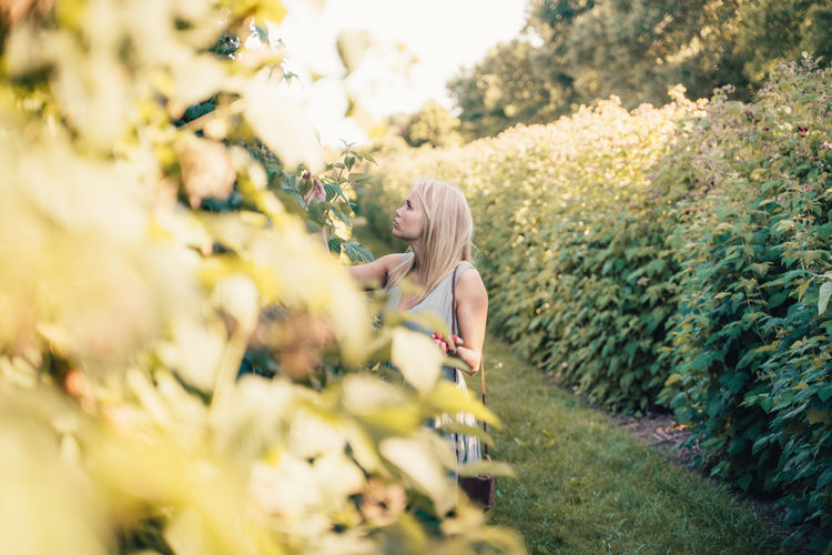 Side view of woman standing by plants on field