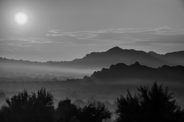 Silhouette misty landscape against sky