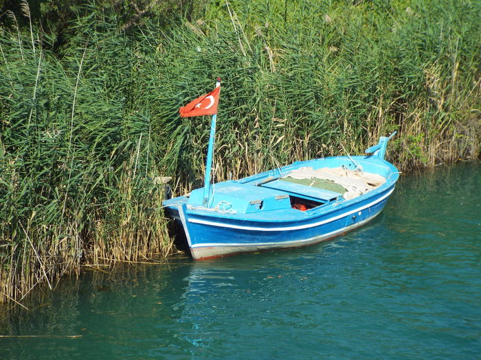 Blue rowboat with turkish flag moored at lakeshore