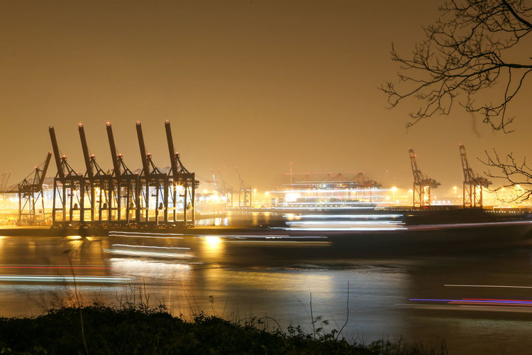 View of commercial dock at night