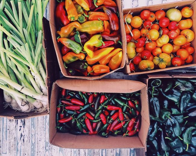 High angle view of vegetables in crate