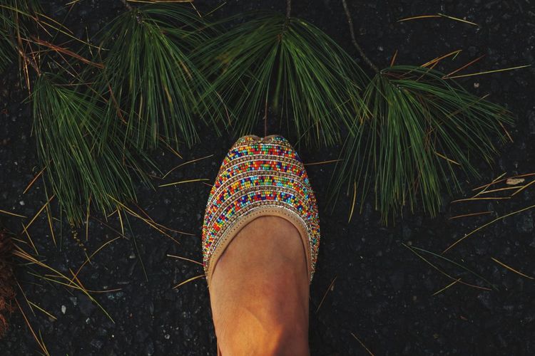 Low section of woman wearing multi colored shoe standing on ground