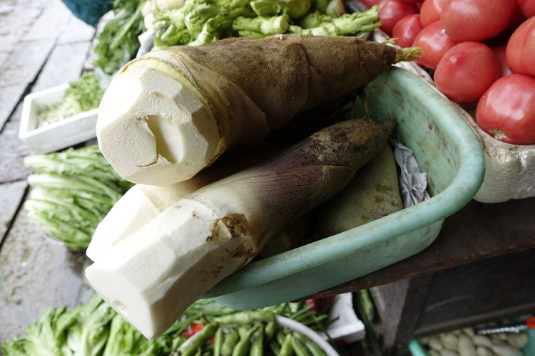 Close-up of bamboo shoots in market stall