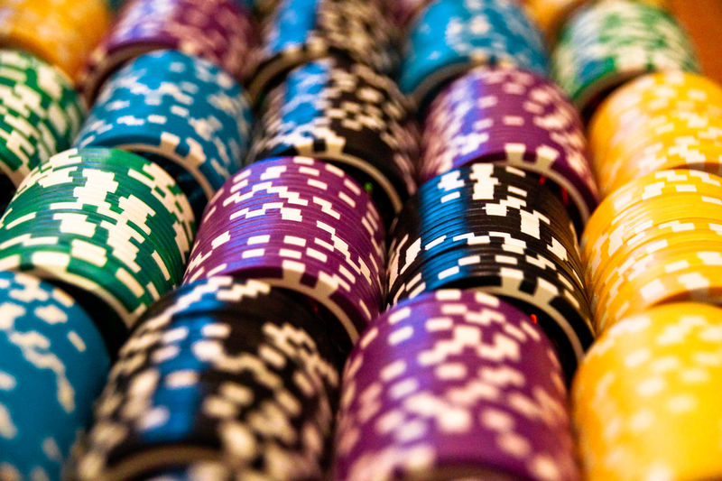 Close-up of multi colored poker chips