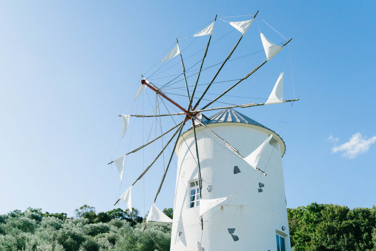 Greek windmill. roadside station olive park on shodoshima, kagawa prefecture, japan. 