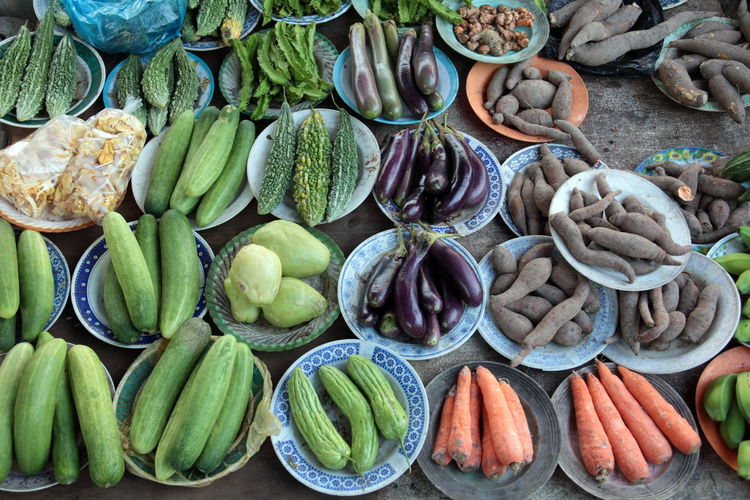 High angle view of various vegetables for sale at market
