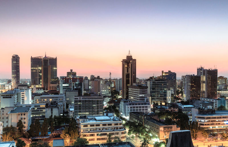 Aerial view of buildings in city of dar es salaam during sunset