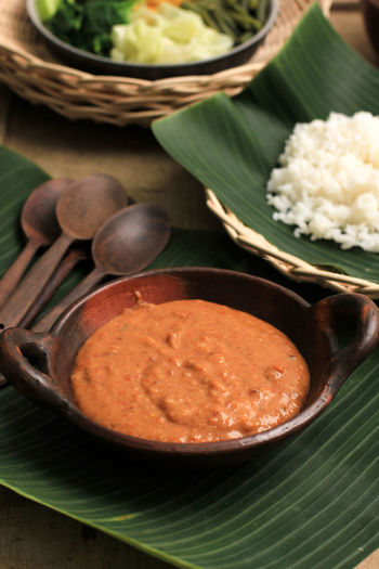 Sambal pecel is spicy indonesian sauce made from rosated or fried peanu