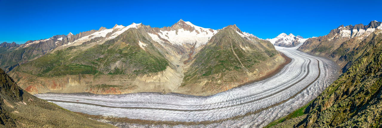 Panoramic view of snowcapped mountains against clear blue sky
