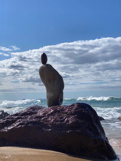 View of elephant on rock at beach against sky