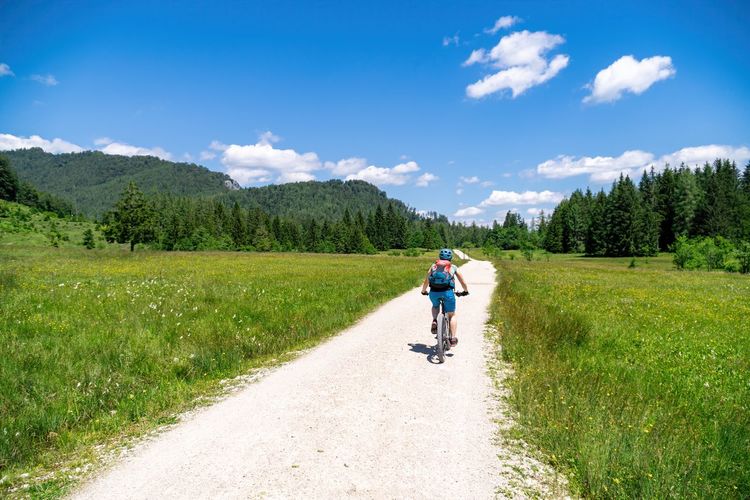 Rear view of woman on mountain bike on gravel road surrounded by blooming fields, austria.