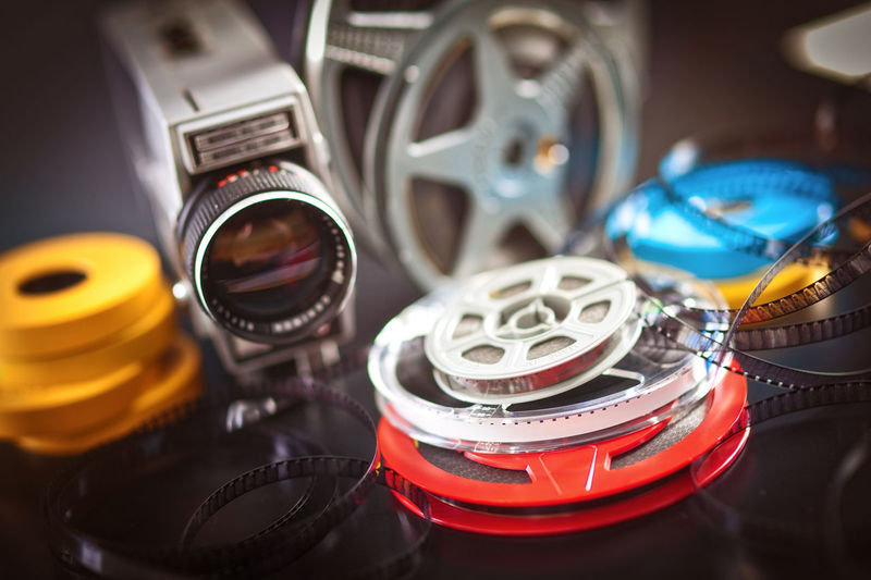 Close-up of film reels on table