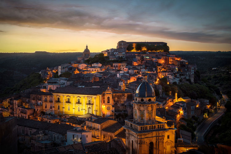 High angle view of townscape against sky during sunset
