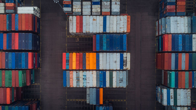 High angle view of cargo containers at warehouse