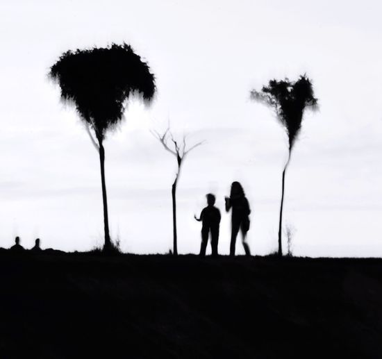 Silhouette friends standing on field against sky