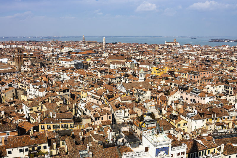 High angle shot of townscape against sky