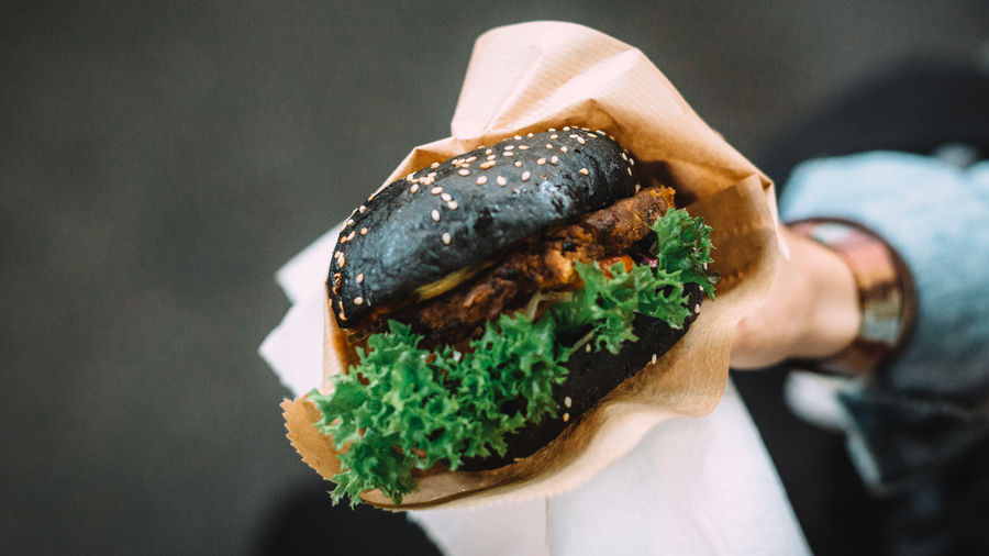 Cropped image of person holding tofu burger