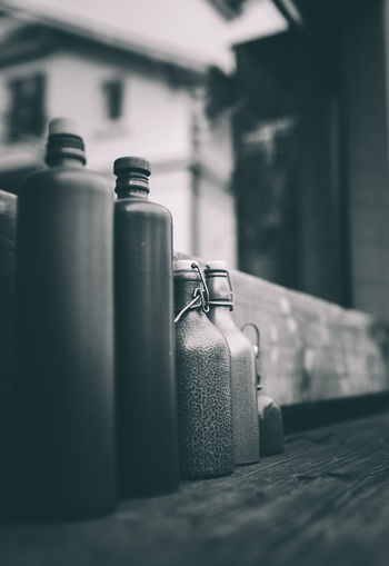 Close up of bottles on table
