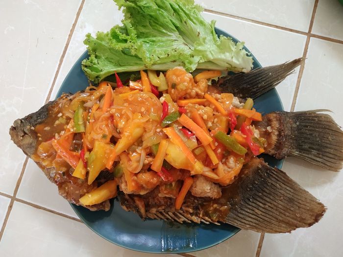 High angle view of meal served in plate