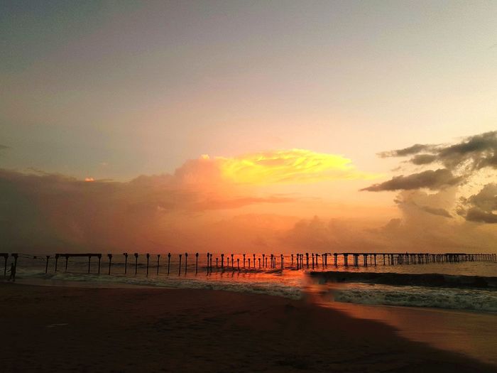 Scenic view of beach against sky during sunset