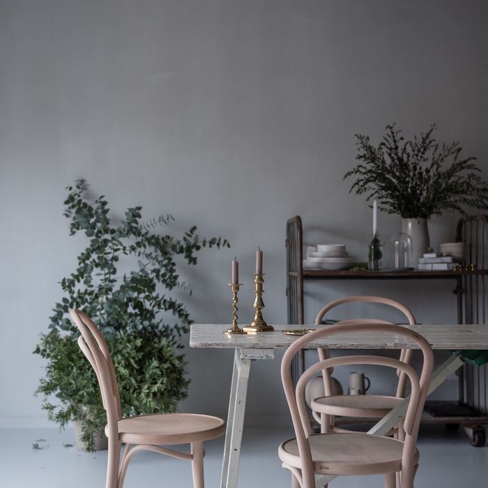 Potted plants by table and chairs 