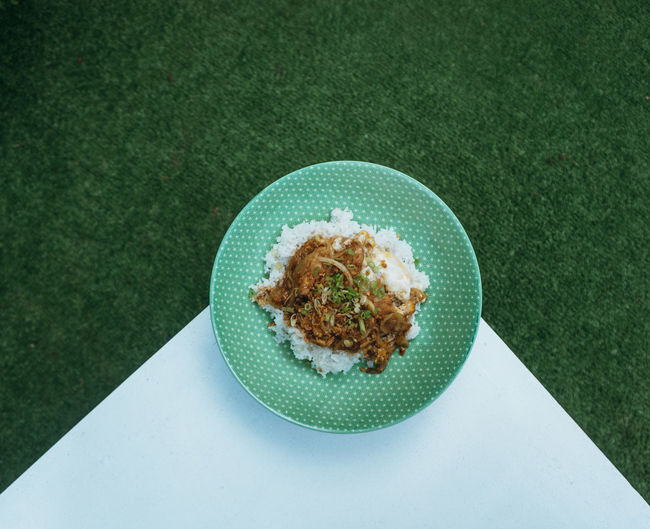 High angle view of food in plate on table