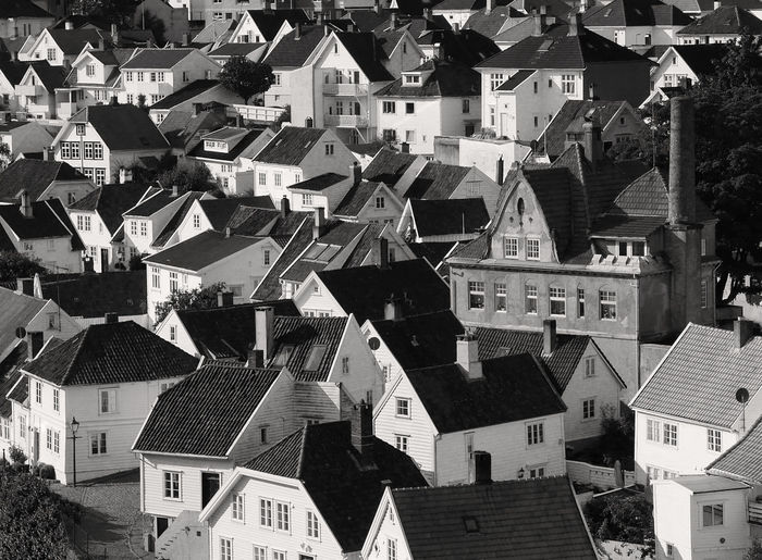 Monochromatic view of multitude of houses in the fjords in norway