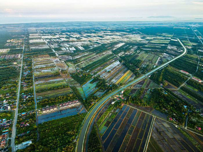 High angle view of cityscape against sky