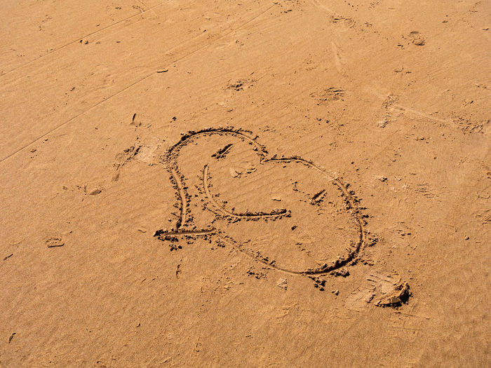 High angle view of text on sand at beach