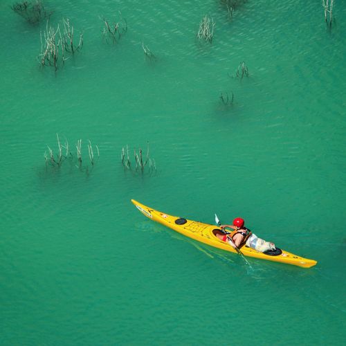 High angle view of person kayaking in sea