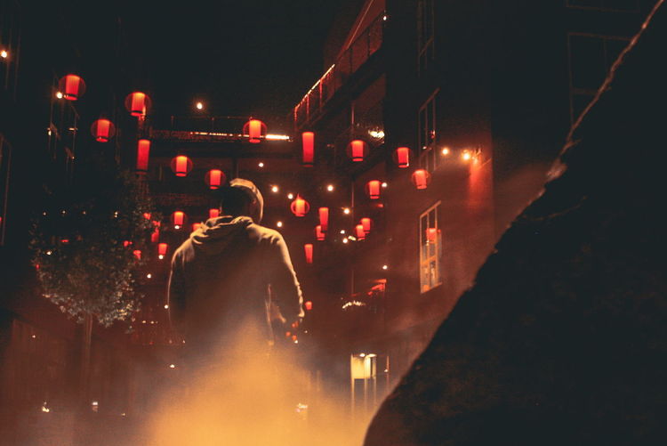 Rear view of man on illuminated city at night