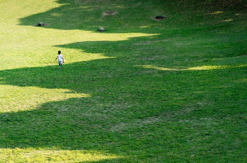 Shadow of people on grassy field