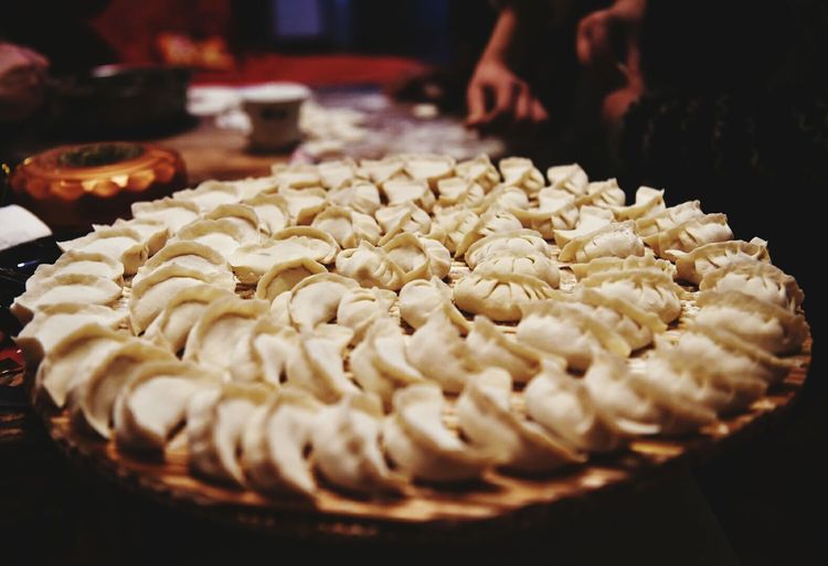 Close-up of raw dumplings