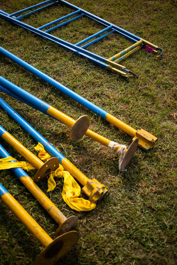 High angle view of yellow equipment in park