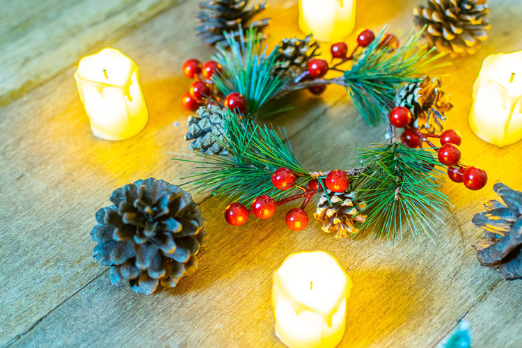 High angle view of christmas decorations on table