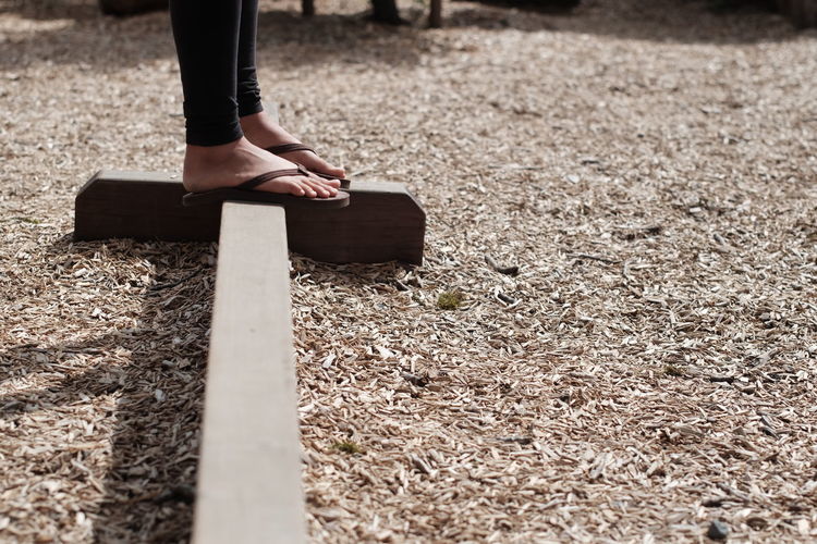 Low section of woman standing on wooden plank amidst wood chips