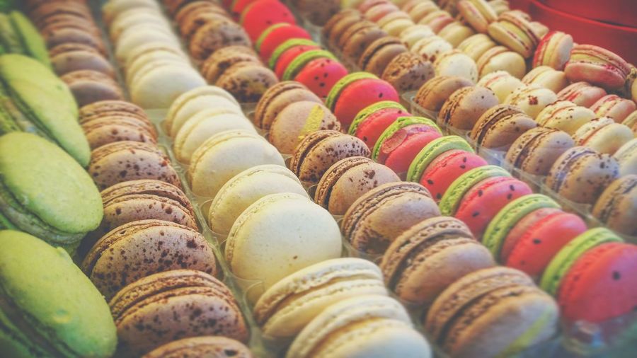 Close-up of colorful macarons
