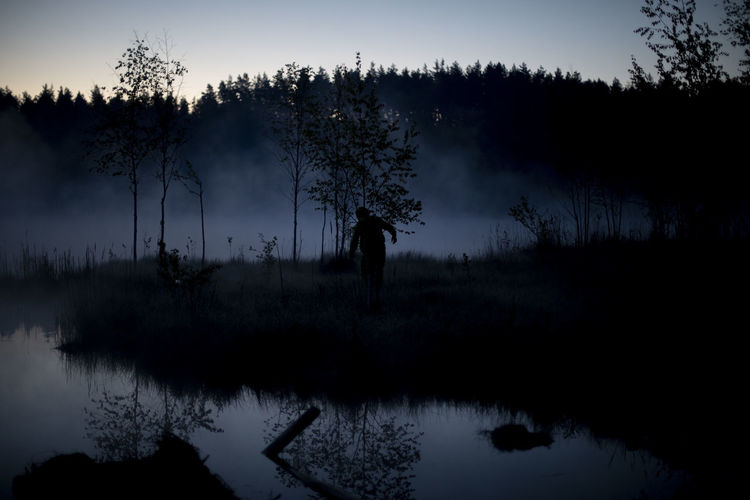 Fog on lake before dawn. morning fog in forest. mystical forest.