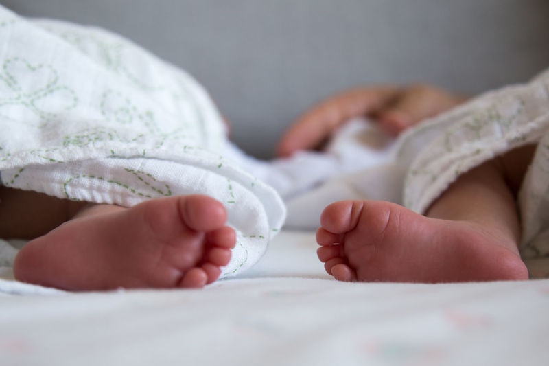 Low section of twin babies lying on bed